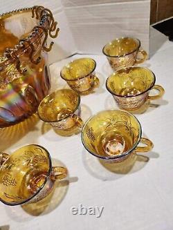 INDIANA GLASS Carnival Iridescent PUNCH BOWL SET Princess 7447 GOLD Grapes WithBOX