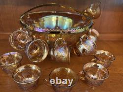 INDIANA GLASS Carnival Iridescent PUNCH BOWL SET Princess 7447 GOLD Grapes WithBOX