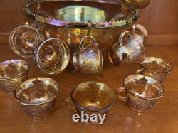 INDIANA GLASS Carnival Iridescent PUNCH BOWL SET Princess 7447 GOLD Grapes WithBOX