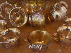 INDIANA GLASS Carnival Iridescent PUNCH BOWL SET Princess 7447 GOLD Grapes WithBOX