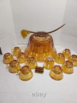 INDIANA GLASS Carnival Iridescent PUNCH BOWL SET Princess 7447 GOLD Grapes WithBOX