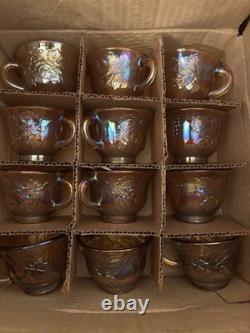 INDIANA GLASS Carnival Iridescent PUNCH BOWL SET Princess 7447 GOLD Grapes WithBOX