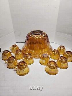 INDIANA GLASS Carnival Iridescent PUNCH BOWL SET Princess 7447 GOLD Grapes WithBOX