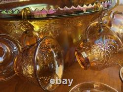 INDIANA GLASS Carnival Iridescent PUNCH BOWL SET Princess 7447 GOLD Grapes WithBOX