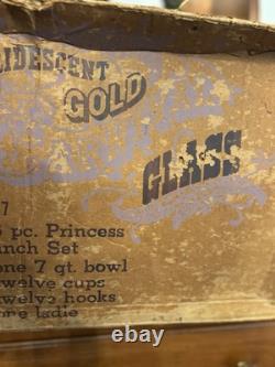 INDIANA GLASS Carnival Iridescent PUNCH BOWL SET Princess 7447 GOLD Grapes WithBOX