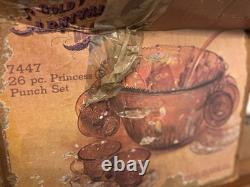 INDIANA GLASS Carnival Iridescent PUNCH BOWL SET Princess 7447 GOLD Grapes WithBOX