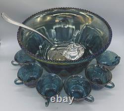INDIANA GLASS IRIDESCENT Punch Bowl 13 Cups &Ladle Blue Harvest Carnival Brunch
