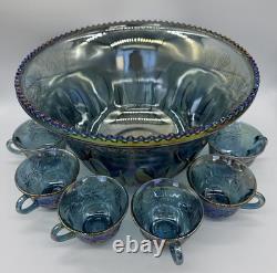INDIANA GLASS IRIDESCENT Punch Bowl 13 Cups &Ladle Blue Harvest Carnival Brunch
