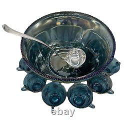 INDIANA GLASS IRIDESCENT Punch Bowl 13 Cups &Ladle Blue Harvest Carnival Brunch