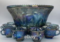 INDIANA GLASS IRIDESCENT Punch Bowl 13 Cups &Ladle Blue Harvest Carnival Brunch