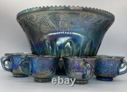 INDIANA GLASS IRIDESCENT Punch Bowl 13 Cups &Ladle Blue Harvest Carnival Brunch