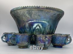 INDIANA GLASS IRIDESCENT Punch Bowl 13 Cups &Ladle Blue Harvest Carnival Brunch
