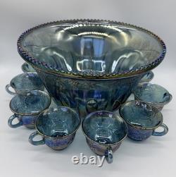 INDIANA GLASS IRIDESCENT Punch Bowl 13 Cups &Ladle Blue Harvest Carnival Brunch