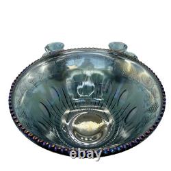 INDIANA GLASS IRIDESCENT Punch Bowl 13 Cups &Ladle Blue Harvest Carnival Brunch
