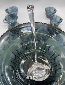 INDIANA GLASS IRIDESCENT Punch Bowl 13 Cups &Ladle Blue Harvest Carnival Brunch