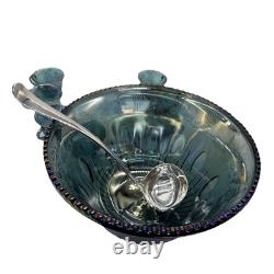INDIANA GLASS IRIDESCENT Punch Bowl 13 Cups &Ladle Blue Harvest Carnival Brunch