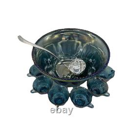 INDIANA GLASS IRIDESCENT Punch Bowl 13 Cups &Ladle Blue Harvest Carnival Brunch
