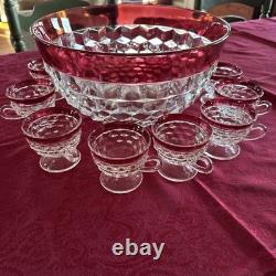 INDIANA GLASS Whitehall Colony Ruby Flash Punch Bowl Set, 12 Cups, Exc Cond