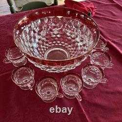 INDIANA GLASS Whitehall Colony Ruby Flash Punch Bowl Set, 12 Cups, Exc Cond