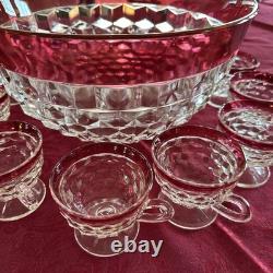 INDIANA GLASS Whitehall Colony Ruby Flash Punch Bowl Set, 12 Cups, Exc Cond