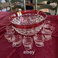 INDIANA GLASS Whitehall Colony Ruby Flash Punch Bowl Set, 12 Cups, Exc Cond