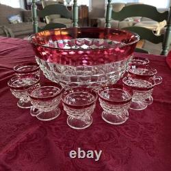 INDIANA GLASS Whitehall Colony Ruby Flash Punch Bowl Set, 12 Cups, Exc Cond