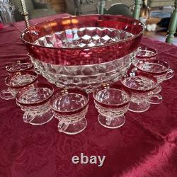 INDIANA GLASS Whitehall Colony Ruby Flash Punch Bowl Set, 12 Cups, Exc Cond