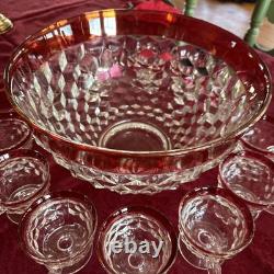 INDIANA GLASS Whitehall Colony Ruby Flash Punch Bowl Set, 12 Cups, Exc Cond