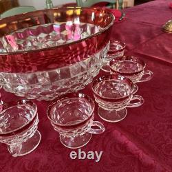 INDIANA GLASS Whitehall Colony Ruby Flash Punch Bowl Set, 12 Cups, Exc Cond