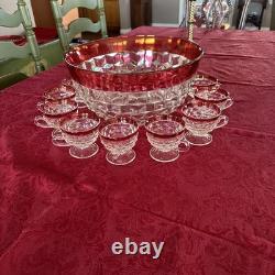 INDIANA GLASS Whitehall Colony Ruby Flash Punch Bowl Set, 12 Cups, Exc Cond