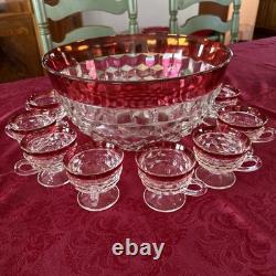 INDIANA GLASS Whitehall Colony Ruby Flash Punch Bowl Set, 12 Cups, Exc Cond