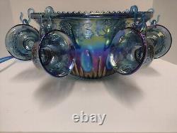 INDIANA Iridescent Blue Carnival Glass 26pc Princess Punch Set 7qt / 12 cups Box