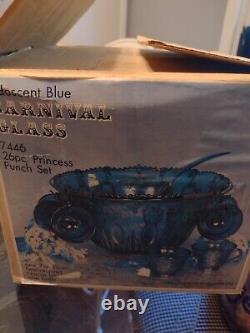 INDIANA Iridescent Blue Carnival Glass 26pc Princess Punch Set 7qt / 12 cups Box