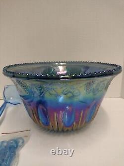 INDIANA Iridescent Blue Carnival Glass 26pc Princess Punch Set 7qt / 12 cups Box