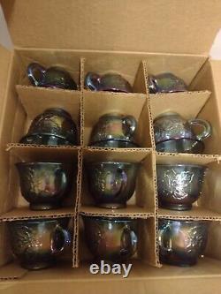 INDIANA Iridescent Blue Carnival Glass 26pc Princess Punch Set 7qt / 12 cups Box