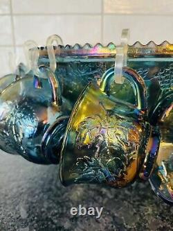 IOB INDIANA Iridescent Blue Carnival Glass 26pc Princess Punch Set 7qt / 12 cups