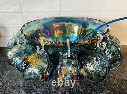 IOB INDIANA Iridescent Blue Carnival Glass 26pc Princess Punch Set 7qt / 12 cups