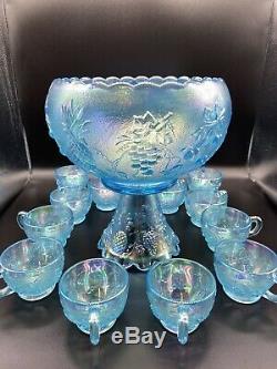 Ice Blue Carnival Glass 14 Piece Punch Bowl Set