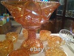 Imperial 20-pc Pinwheel/star Marigold/iridescent Carnival Glass Punch Bowl Set