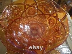 Imperial 20-pc Pinwheel/star Marigold/iridescent Carnival Glass Punch Bowl Set