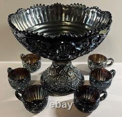 Imperial AMETHYST Carnival Glass Broken Arches Punch Bowl Set & Stand & 6 Cups