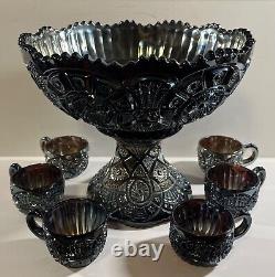 Imperial AMETHYST Carnival Glass Broken Arches Punch Bowl Set & Stand & 6 Cups