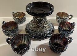 Imperial AMETHYST Carnival Glass Broken Arches Punch Bowl Set & Stand & 6 Cups