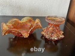 Imperial Arches & Hobstar Marigold Carnival Glass Punch Bowl Base 6 Cups