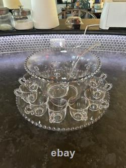 Imperial Candlewick Clear Glass Punch Bowl Set Bowl Ladle Underplate & 12 Cups