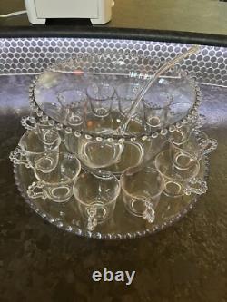 Imperial Candlewick Clear Glass Punch Bowl Set Bowl Ladle Underplate & 12 Cups