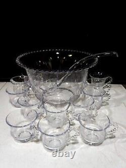 Imperial Candlewick Glass Mallard Duck Etched Punch Bowl 12 Cups and Ladle Set