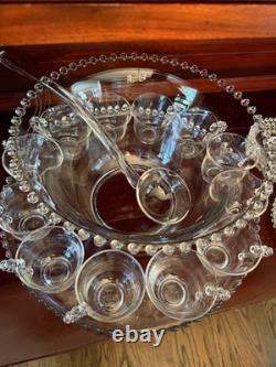 Imperial Candlewick Glass Punch Bowl Ladle Underplate 12 Cups & Saucers Complete