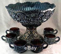 Imperial Carnival Glass Electric Purple Broken Arches Punch Bowl Base & 6 Cups