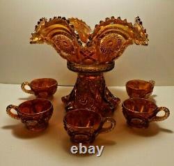 Imperial Carnival Glass Fashion Marigold Punch Bowl & 5 Cups Rubigold Hobstar